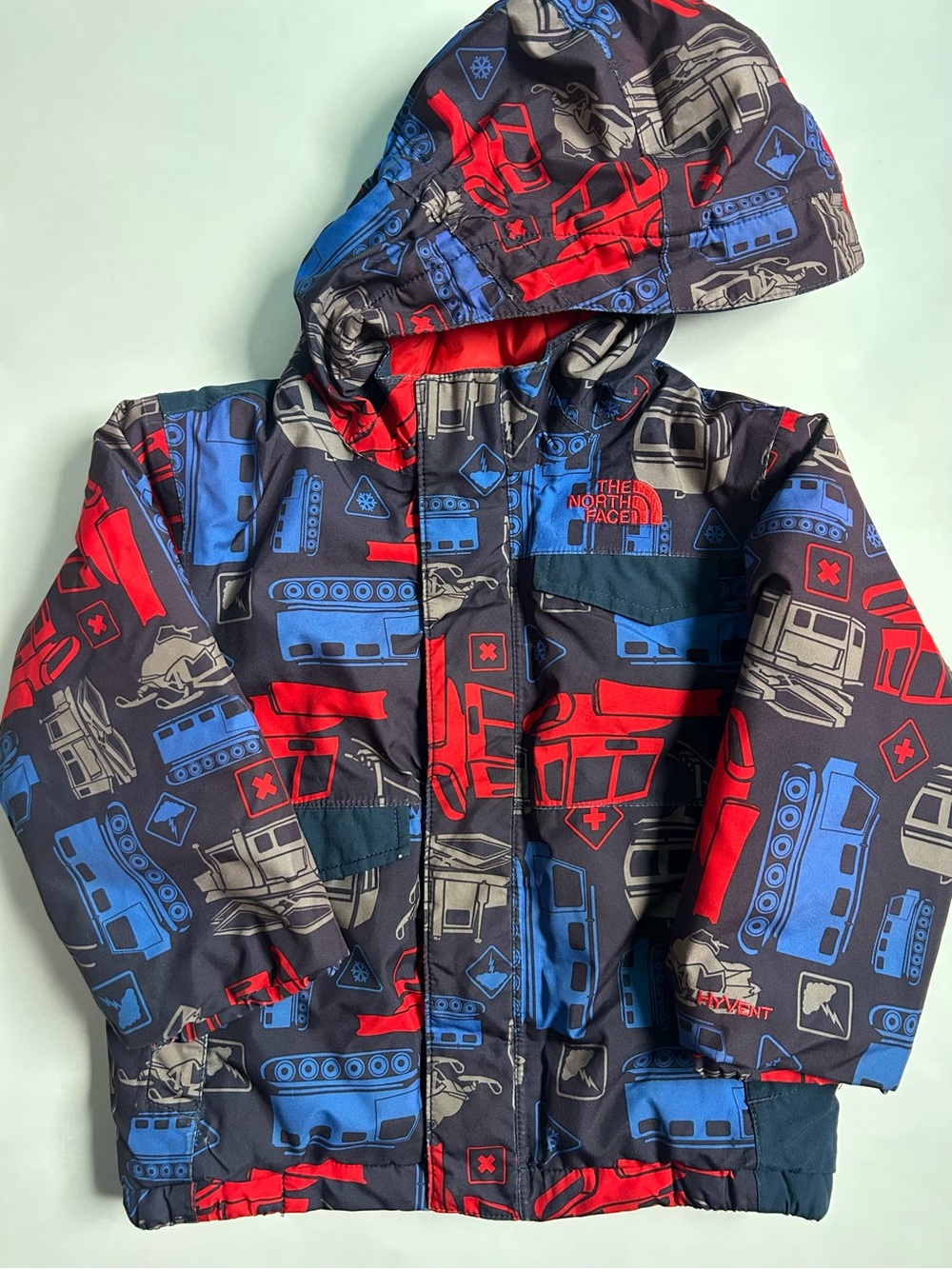 The North Face Kids Hyvent Hooded Winter Jacket - Red, Blue & Gray Vehicle Print